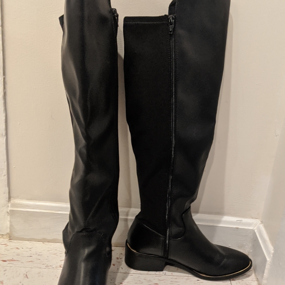 Material Girl Knee high black low heel zip boots